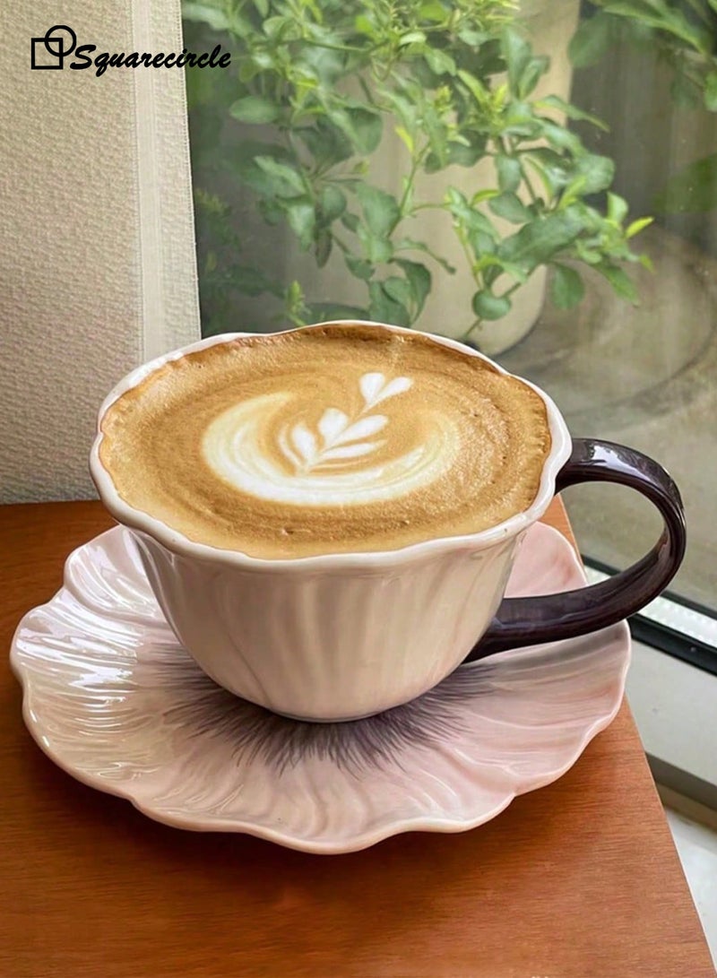 Squarecircle Purple flower shape mugCeramic Coffee Cup and Saucer Set, Purple Hibiscus Flower Design Mug, Elegant Latte & Tea Cup Set - Image 2